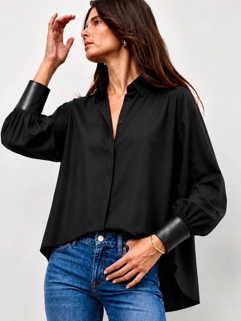 NWOT Cuyana Silk Black Button-Up Shirt w/Leather Cuffs | Size Small (US 4-6)